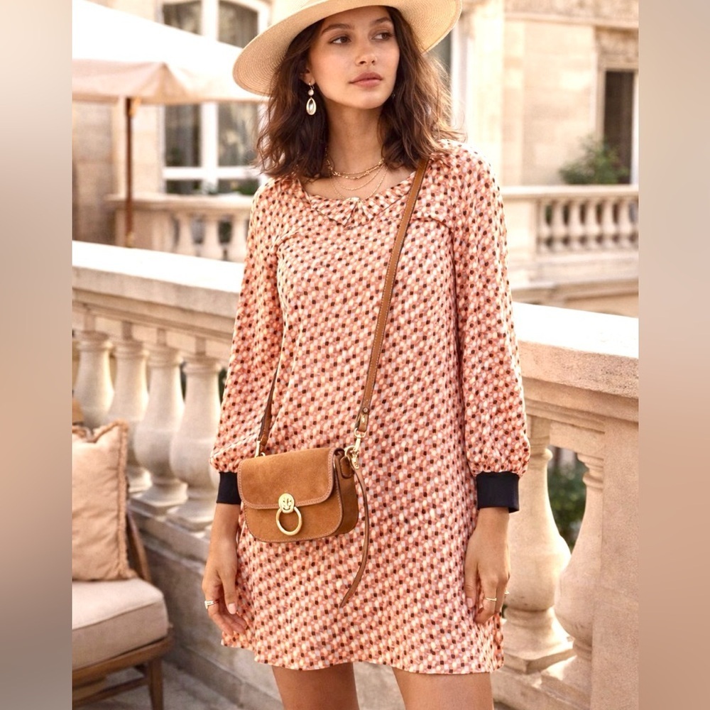 See By Chloe Women's Orange 100% Silk Dress with Geometric Print and 3/4 Sleeves